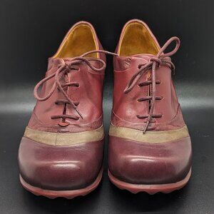 JOHN FLUEVOG HOPEFUL: VOW SADDLE SHOE, WOMEN’S 9, BURGUNDY LEATHER, HEELS